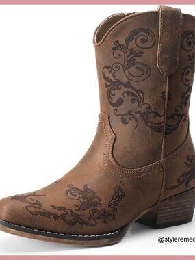 Women's Cowboy Ankle Boots Square Toe Chunky Heel Vegan Leather